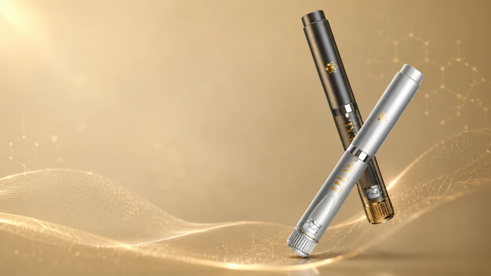 Dos plumas inyectoras de péptidos sobre un fondo dorado — Ideal Medical & Wellness, Aventura