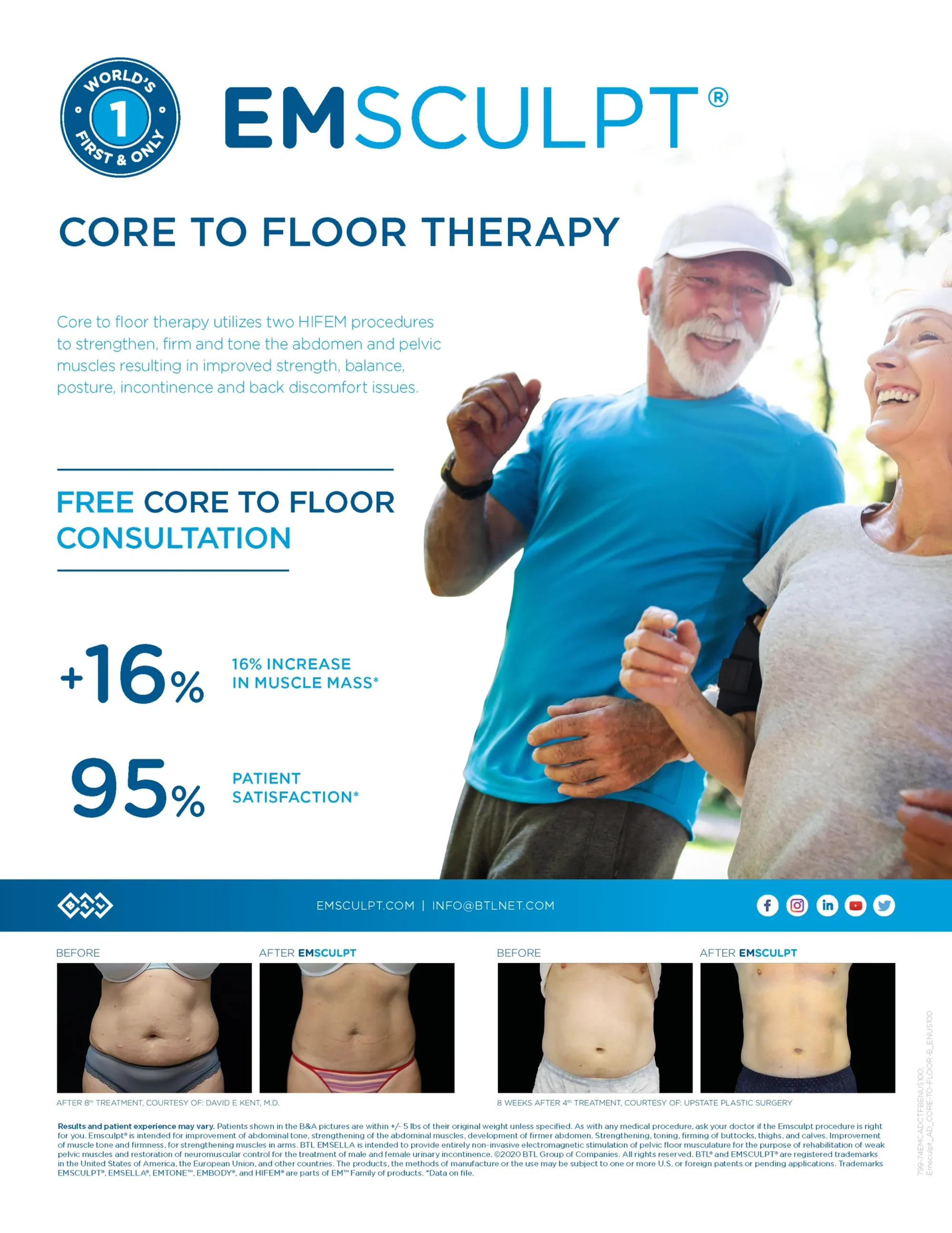 Emsculpt Core to Floor Therapy — dos procedimientos HIFEM fortalecen, reafirman y tonifican los músculos del abdomen y de la pelvis; 16 % de aumento de masa muscular y 95 % de satisfacción de los pacientes. Los resultados varían según la persona.